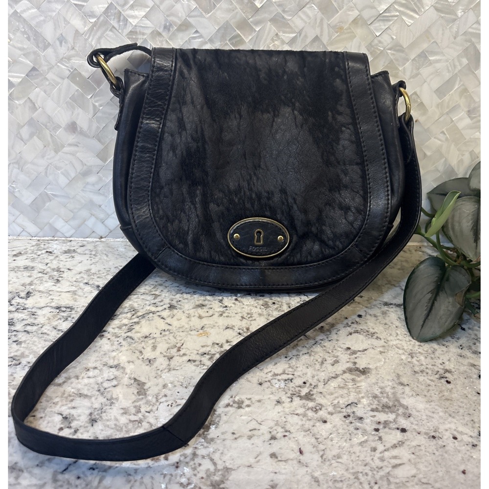 BTG‎ FOSSIL REISSUE Black Leather Flap Calf Hair Crossbody Purse Saddle Bag READ
